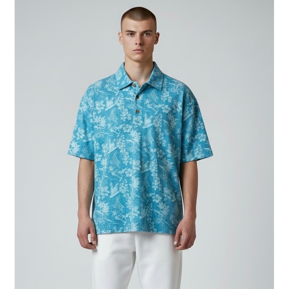 IZOD Saltwater Men‎ Large Blue Tropical Floral Sailboat Slub Cotton Polo Shirt